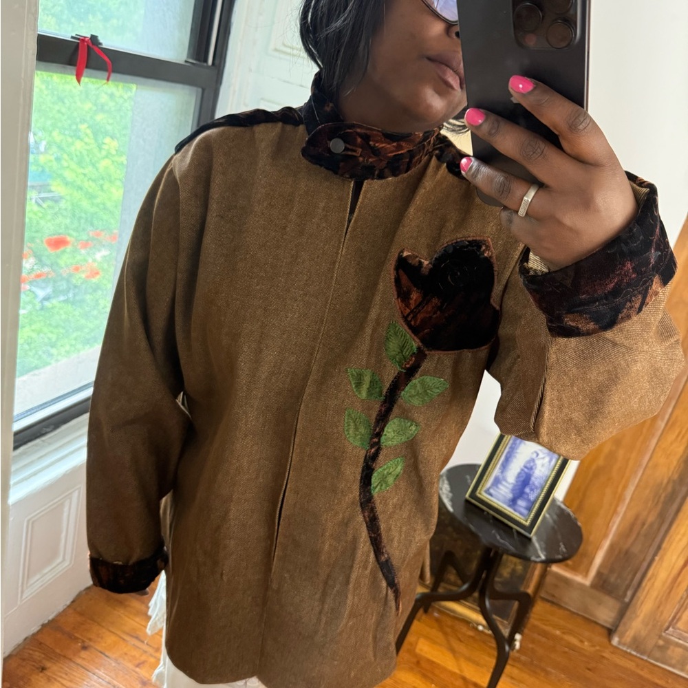 Brown Denim maximalist flower zip up velvet patch work bomber jacket - Picture 12 of 16